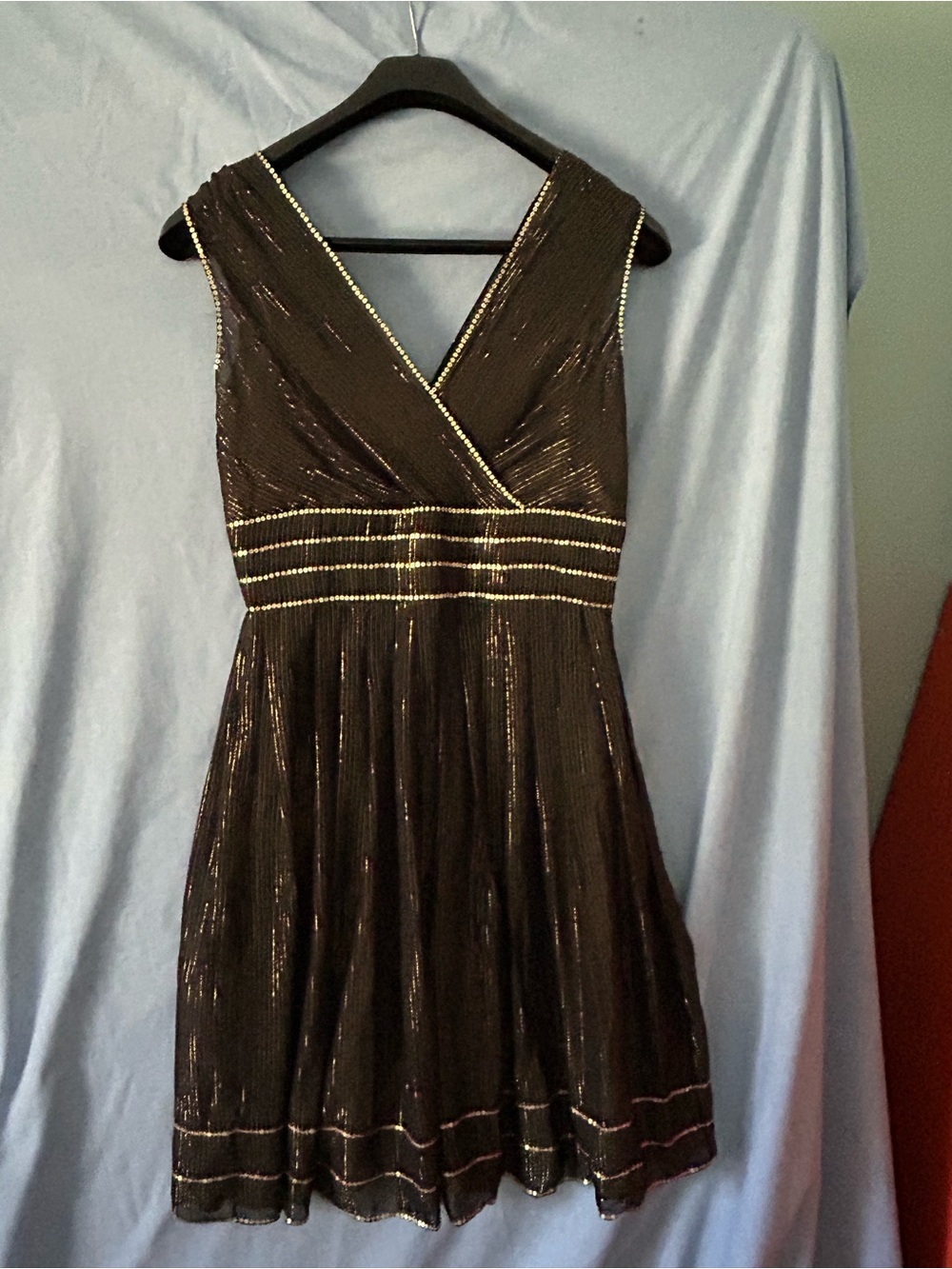 Adrianna Papell Black V-Neck Sleeveless Mini Dress with Metallic Trim
